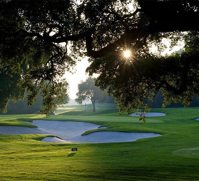 Sunrise over a golf course with sand bunkers and trees in Sotogrande