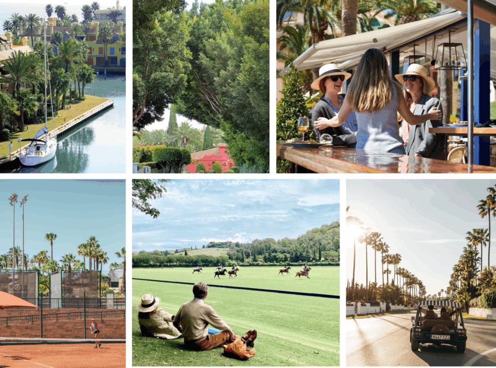 A collage of Sotogrande lifestyle activities, including yachting, polo, tennis, fine dining, scenic drives, and elegant garden walks.