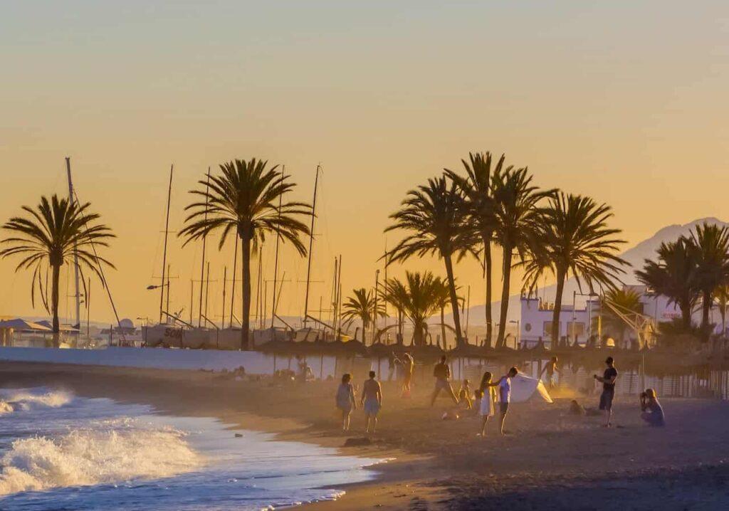 People enjoying a beach sunset in Sotogrande, Spain with palm trees and sailboats in the background, capturing the relaxed Sotogrande lifestyle.