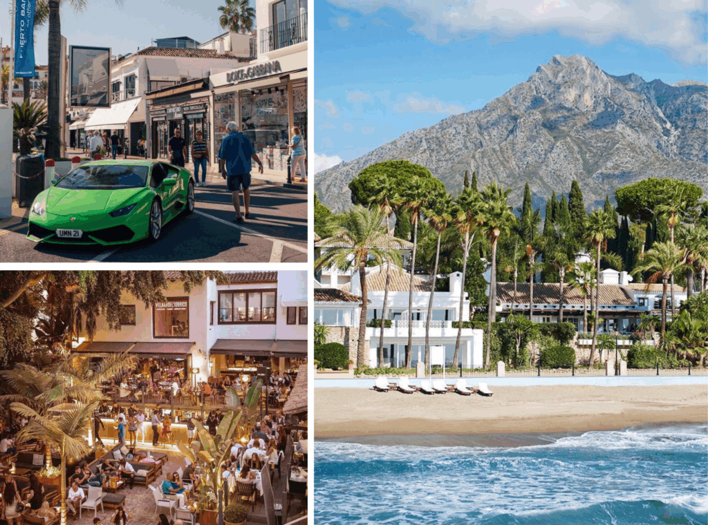 A collage showcasing Marbella's luxury lifestyle, featuring upscale shopping streets, exotic cars, fine dining nightlife, and beachfront villas with mountain views.