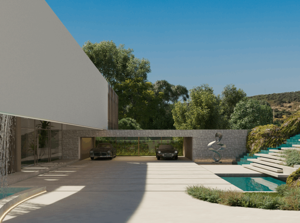 Exterior view of a modern luxury villa in Sotogrande with minimalist architecture, vintage cars, a sculpture, and a sleek pool surrounded by nature.